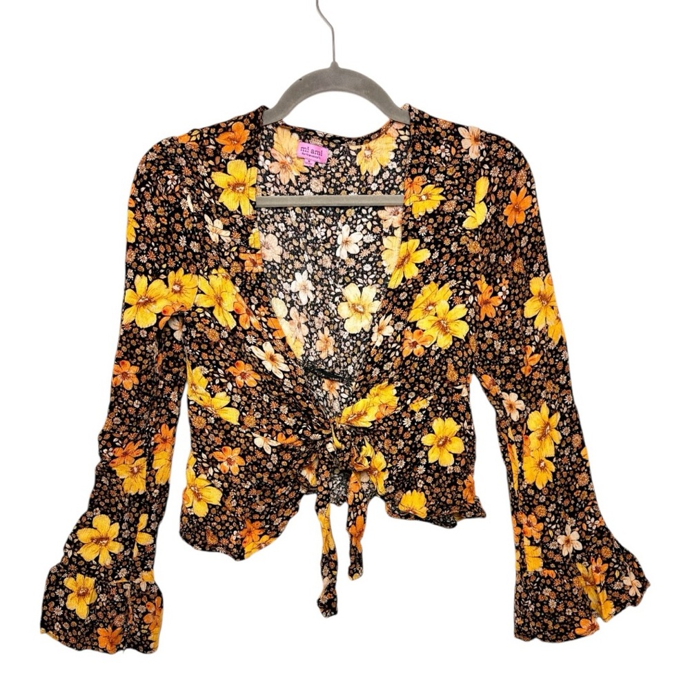 mi ami Black Yellow Floral Tie Front Crop Top Boho Indie Festival Small